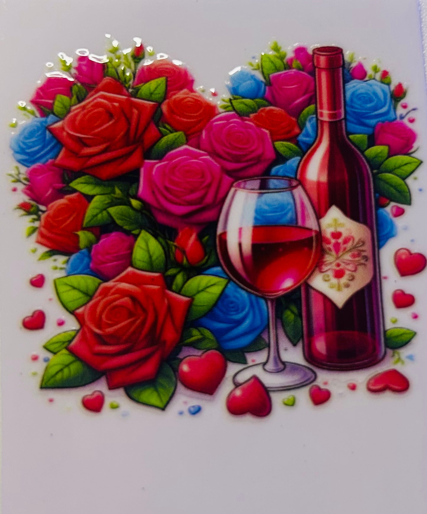 Red and blue roses, wine hearts, shot glass wrap