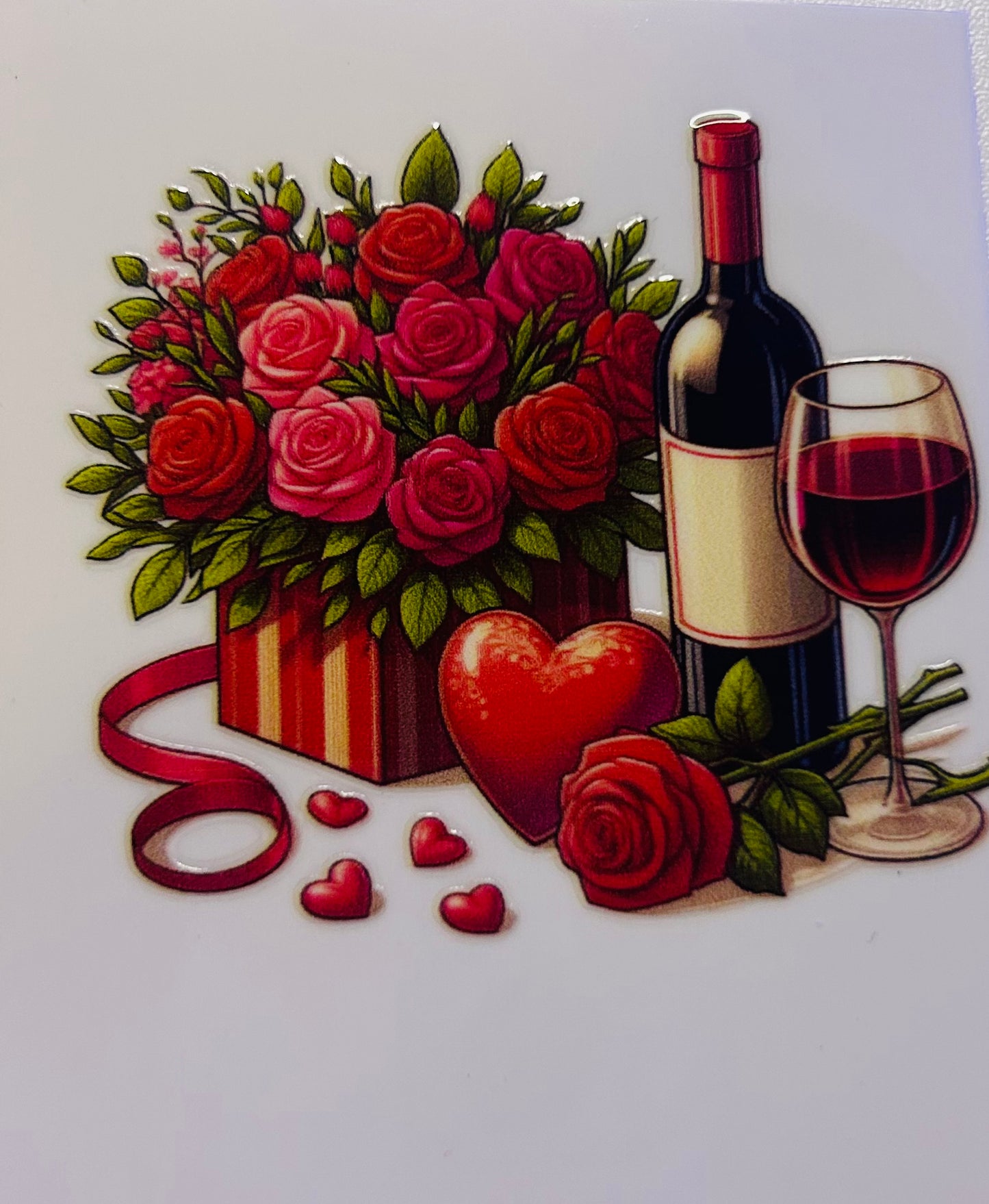 Rose bouquet, wine shot, glass wrap