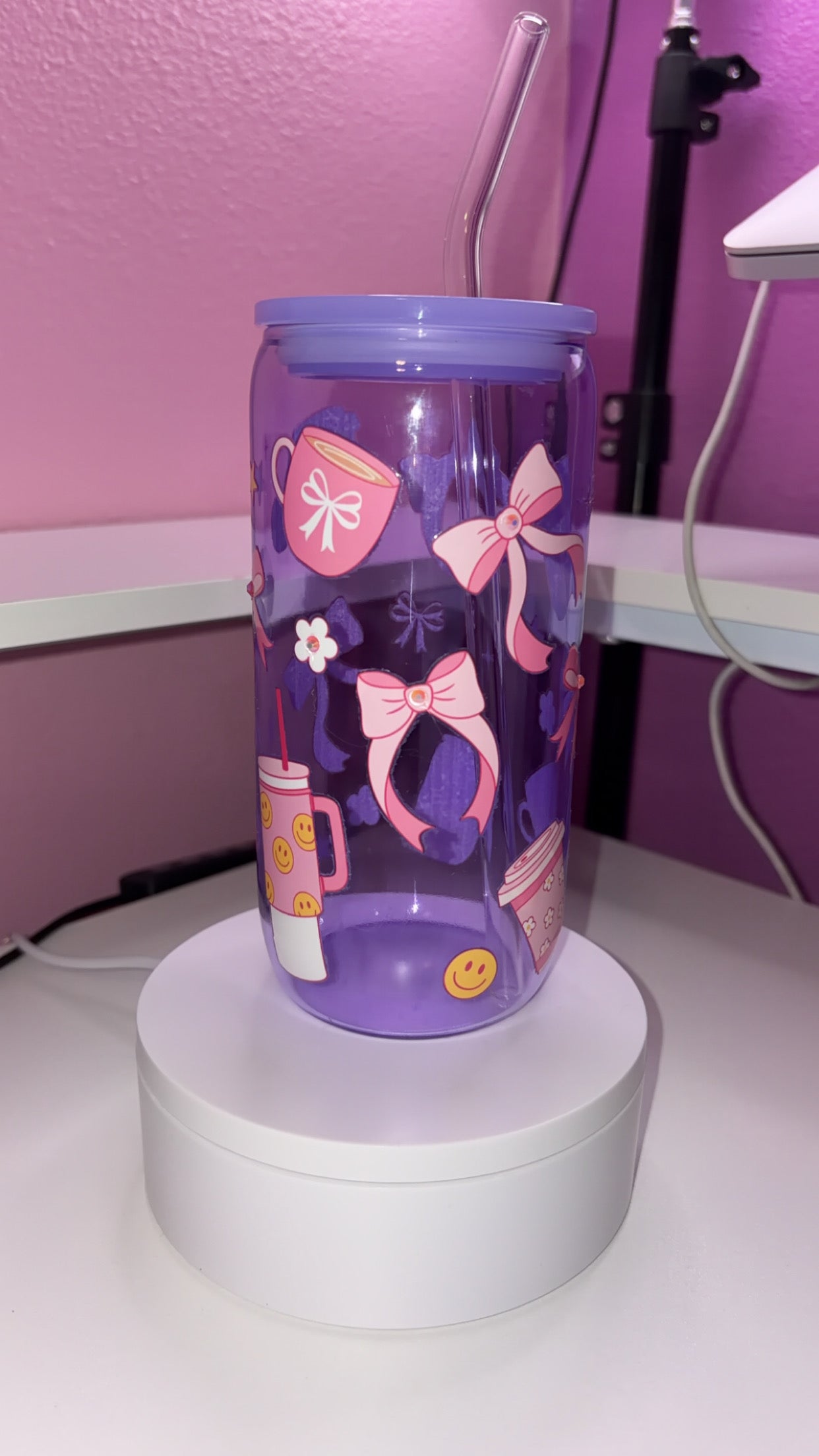 16oz Glass Pink Bows and Coffee