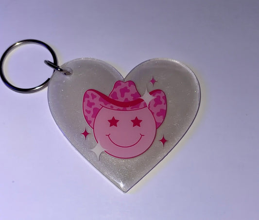 Smiley face cowboy hat heart keychain