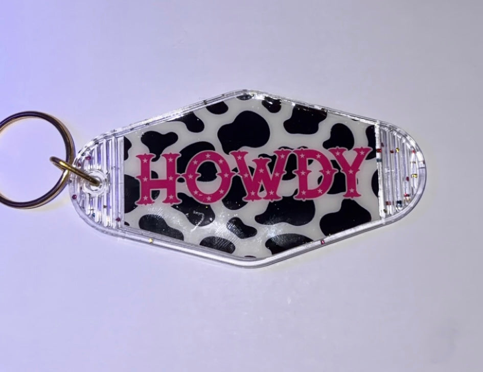 Howdy keychain cow print