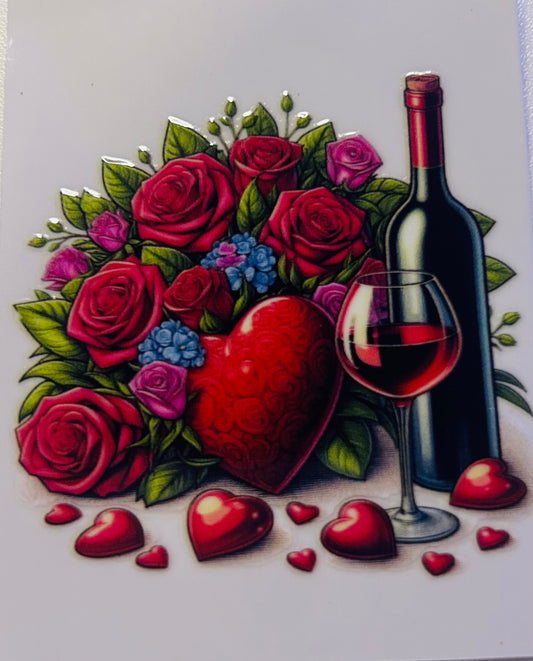 Red roses, blue flowers, heart wine, shot, glass wrap