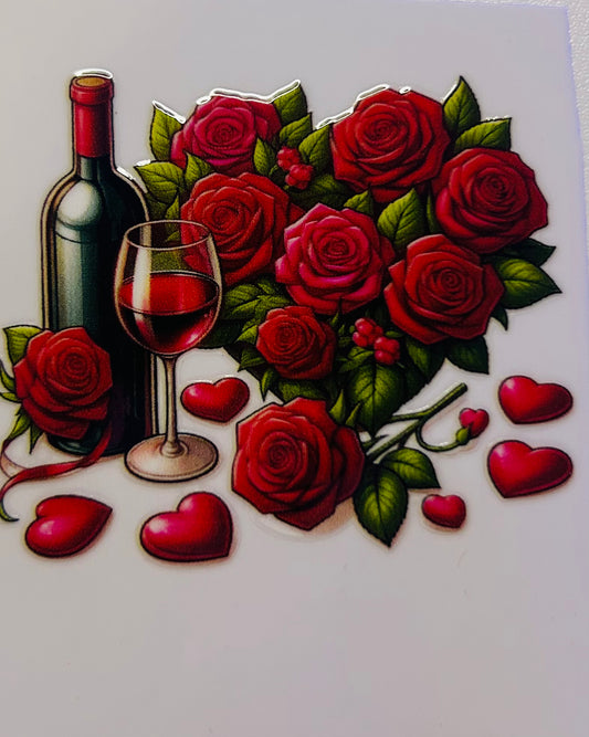 Wine, red roses, hearts, shot glass wrap