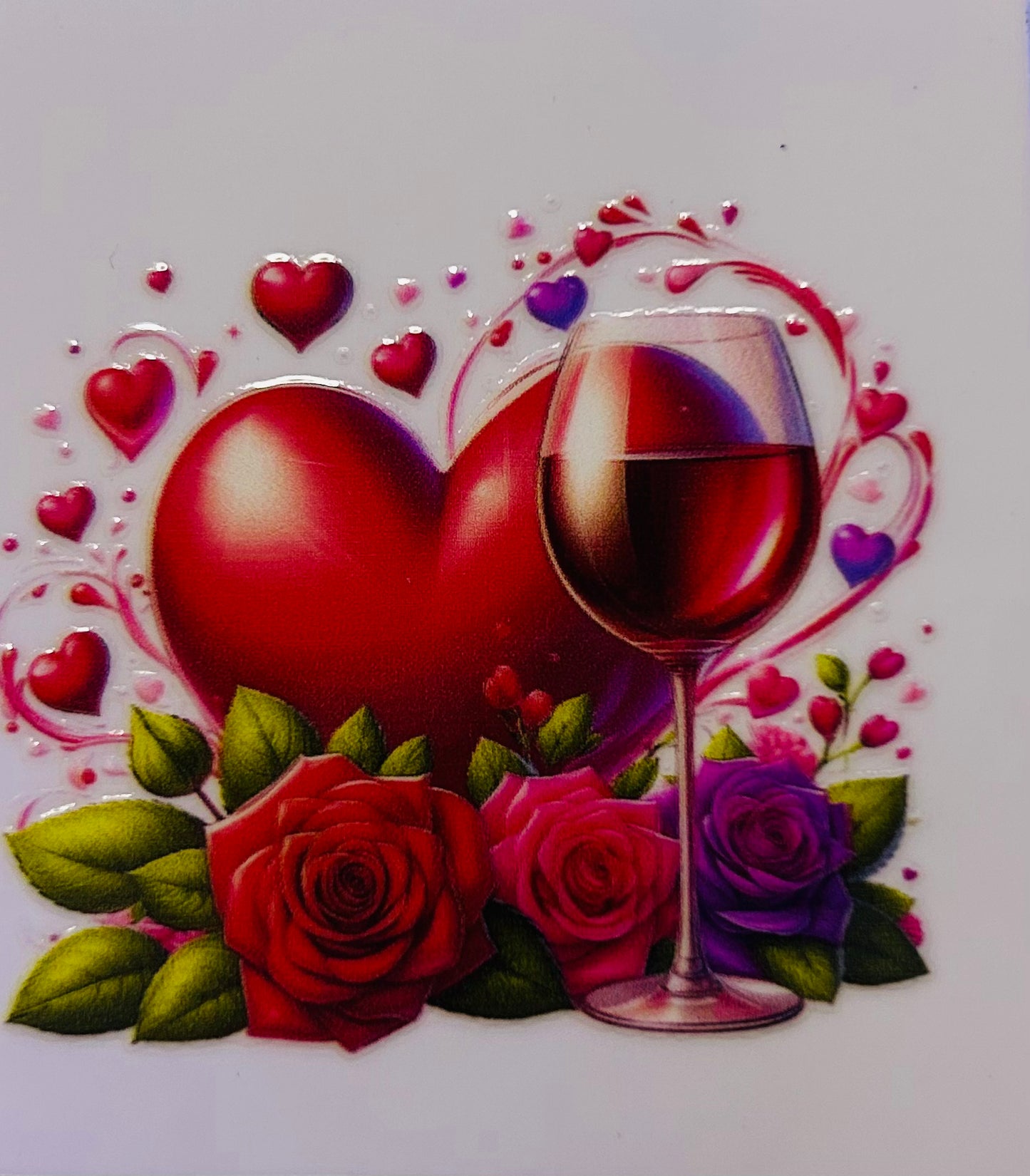Glass of wine, big heart, little hearts, roses shot glass wrap