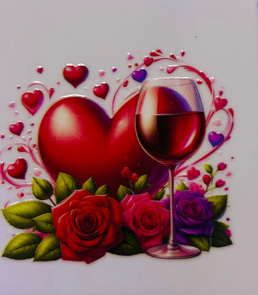 Glass of wine, big heart, little hearts, roses shot glass wrap