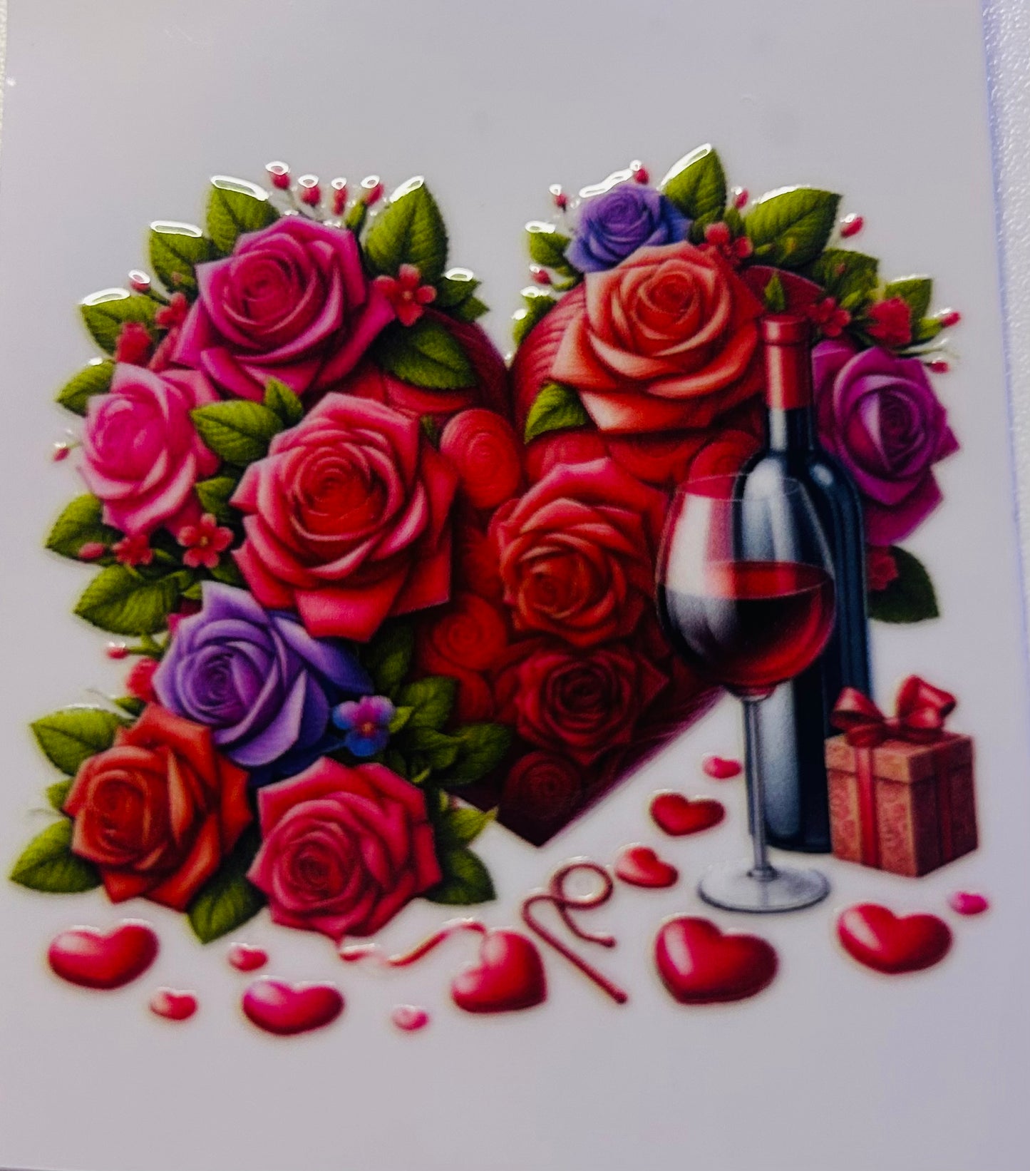 Heart shaped bouquet roses, wine, gift shot glass wrap