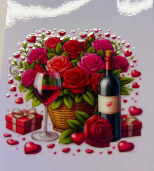 Basket of roses, bottle of wine gift heart shot glass wrap ￼