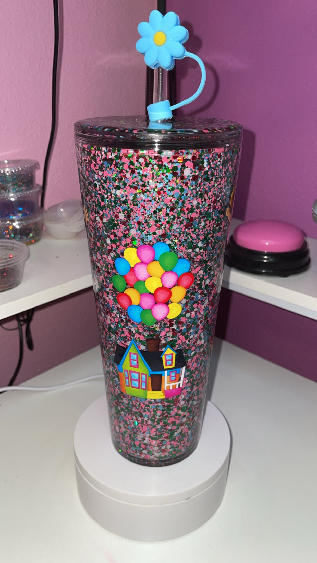 24oz Up Dry Glitter with Flower Straw Topper