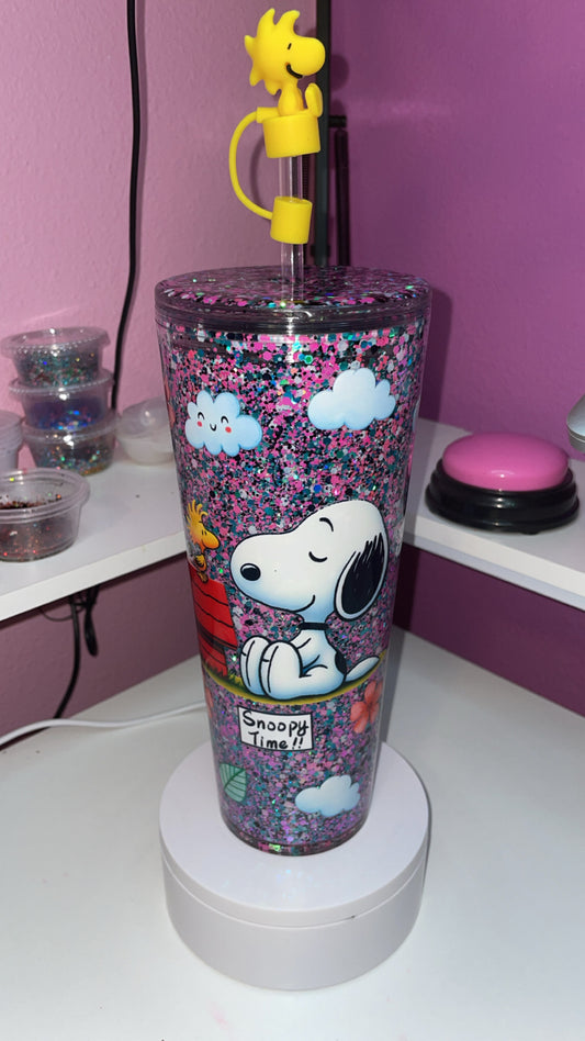 24oz Snoopy Dry Glitter with Woodstock straw topper