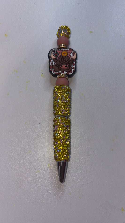 Gold Rhinestone Pen with Highland Cow